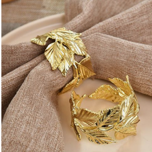 Set of Two Gold Metal Leaf Design Napkin Rings for Wedding Party & <b>Birthday</b> <b>Table</b> Decor Serviette Ring - Product Image 2