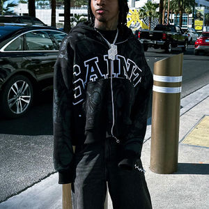 ผู้ผลิตเสื้อผ้าลายฟอกกรด พิมพ์ลายสกรีนโลโก้ตามสั่ง ป้ายคุณภาพสูง ผ้าฝ้ายฟลีซ 100% ฮิปฮอป ลายทาง ทรงแบ็กกี้ - Product Image 5