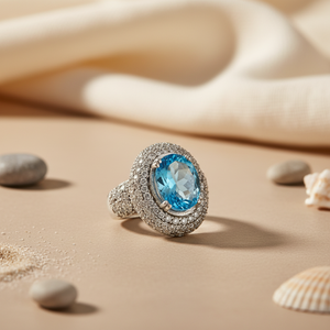 Bague en argent 925 avec topaze bleue pour femmes, bijoux de perçage à pierres précieuses tendance - Product Image 2