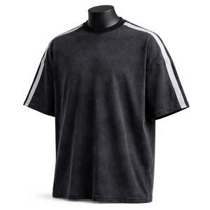 Camiseta de manga corta de algodón con rayas lavadas de gran tamaño para hombre, estilo vintage, streetwear, casual, a la moda, con cuello tipo ringer. - Product Image 3