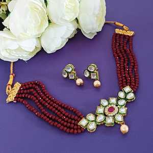 Indian Kundan Jewelry Manufacturers Faux Pearl Beaded Gargantilla Collar nupcial Conjunto de joyas para mujeres, marrón - Product Image 1