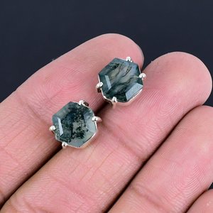 925 Sterling <b>Silver</b> Beautiful Gemstone <b>Stud</b> <b>Earrings</b> Handmade Octagonal Moss Agate Bezel Setting <b>for</b> Wedding and Party - Product Image 4