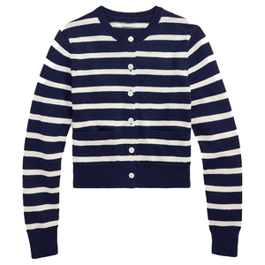 Cardigan tricoté à rayures pour femmes, manches longues, boutons en coton mélangé, bleu marine, blanc, vente en gros d'hiver OEM et ODM disponibles - Product Image 3