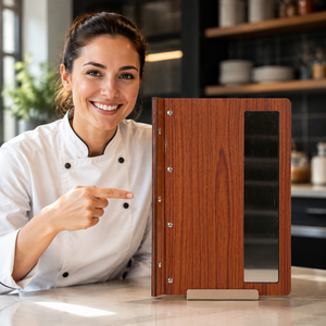 Porte-menu en bois en gros avec pages rechargeables pour restaurants et cafés, porte-menu en bois avec fenêtre en verre, marron - Product Image 6