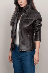 Blouson de moto en cuir noir pour femme, imperméable, respirant, matelassé brut, coupe ajustée, fermeture éclair pour l'hiver et l'automne - Product Image 2