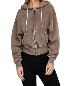 Sudadera con Capucha para Mujer, Estilo Desgastado, con Cierre, Lavado Ácido, Estilo Francés, con Cordón Ajustable - Product Image 4