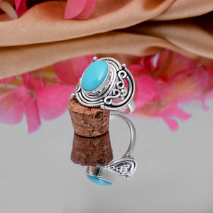 Christmas <b>Gift</b> Natural Turquoise 13x9mm Oval Gemstone 925 Silver Ring 6.01 Gms <b>Sleeping</b> Beauty Cabochon Silver Ethnic Jewellery - Product Image 3