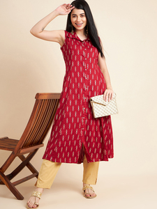 Conjunto de Pantalón y Kurta de Verano para Mujer, sin Mangas, Elegante, Rojo, de Tela Suave y Transpirable, 100% Poliéster - Product Image 4