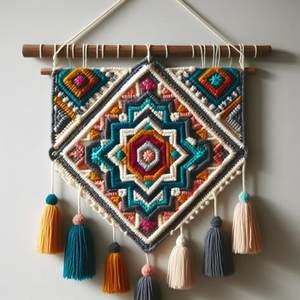 Tenture murale en macramé marron fait à la main avec détail en cercle rustique - Product Image 3