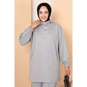 Ensemble 2 pièces en tissu polaire à capuche gris, décontracté, taille XS, logo personnalisé, tricot de haute qualité pour les tenues d'automne, haut ajusté court - Product Image 4