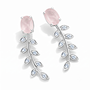 Modernos Pendientes Colgantes de Hoja con Circonita Cúbica y Cuarzo Rosa para Mujer, Plata de Ley Fina con Baño de Rodio, para Aniversario o Compromiso - Product Image 3