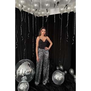 Black <b>Silver</b> <b>Sequin</b> <b>Trousers</b> with Elastic Waist - Black <b>Silver</b> - Product Image 3