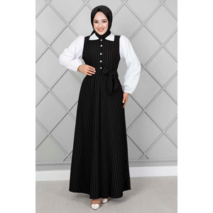 Robe Hijab Rayée Manches Élastiques Noir - Product Image 5
