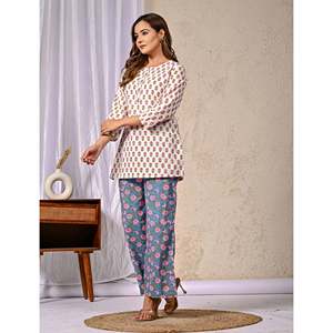 ชุดเซ็ตผ้าฝ้ายพิมพ์ลายบุตติ สีขาวน้ำเงิน ชุดเซ็ต 2 ชิ้น กางเกงขาสั้น แขนสามส่วน ชุดลำลองสำหรับใส่ในฤดูใบไม้ร่วงและฤดูร้อน ไซส์ XS XXS - Product Image 6