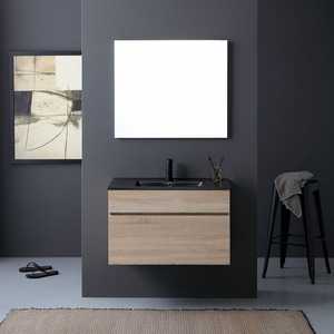 80cm Natural Oak <b>Bathroom</b> Cabinet with <b>Black</b> Sink and Shanghai Flush Mirror <b>Bathroom</b> <b>Sets</b> - Product Image 1