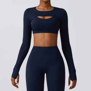 Yoga sport soutien-gorge haut court veste et Leggings ensemble Sexy ensembles d'entraînement pour les femmes élégant athlétique veste fit soutien-gorge pouce trou poignets - Product Image 3