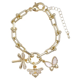 1235BG Best Seller - Luxury Women Inspired Real 14K Gold Plated Link Chain <strong>Bracelet</strong> With Bee <strong>Dragonfly</strong> Butterfly Charms CZ Pave - Product Image 1