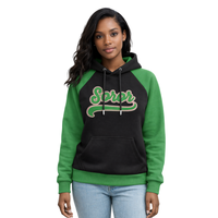 Sudadera con capucha negra 08 Soror de manga raglán para mujer, estilo hermandad universitaria griega, rosa y verde, elegante, informal, de invierno, con insignia frontal