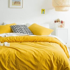Juego de funda nórdica sólida de algodón lavado 100% Queen/tamaño completo amarillo mostaza 3 piezas 200TC botones hogar hoteles hospitales bodas - Product Image 2