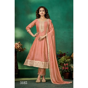 Vichitra tradicional mujer indio pakistaní boda colección bordado trabajo interior hasta la rodilla ajuste Regular Kurta pantalón - Product Image 1