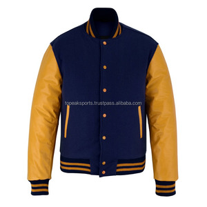Chaqueta Varsity Azul Marino de Lana con Mangas de Cuero Dorado Personalizada OEM 2026 para Hombre, Chaqueta de Invierno Calefactable de Alta Calidad y Bajo MOQ - Product Image 1