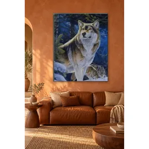 Loup gris Fida avec son pack dans la forêt bleue, impression sur toile - Product Image 1