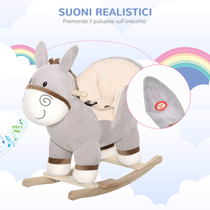 HOMCOM-Cheval à Bascule en Forme d'Âne avec Sons Réalistes en Bois de Peuplier et Peluche, Gris, pour Bébé 18-36 Mois - Product Image 4
