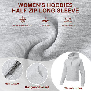 Señoras Crop Top Hoodies Color gris Thumb Hole Half Zip Pullover Gym Fitness Sudadera con capucha recortada para mujer con bolsillo de canguro - Product Image 5