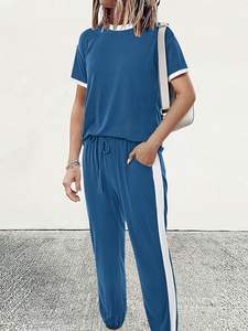 Ensemble de survêtement pour femmes en bleu, 2 pièces, été 2025, hauts à manches courtes, pantalon long de voyage, jogging, ensemble de détente - Product Image 3