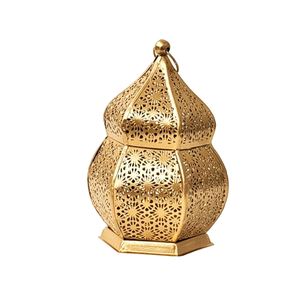 Lanterne suspendue en métal doré de style marocain avec porte-bougie en verre gaufré vert pour la décoration intérieure et les décorations festives - Product Image 6