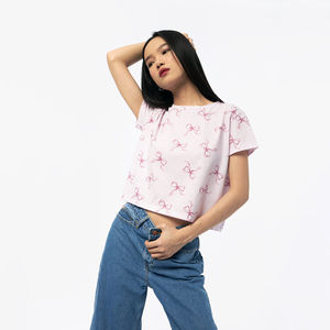 Último diseño, Camiseta corta para mujer, lona 100% algodón, antiarrugas, transpirable, serigrafía, Color único, impermeable - Product Image 3