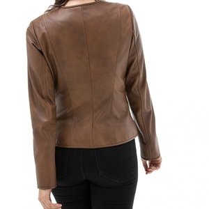 Chaqueta de Cuero Estilo Motero de Piel de Oveja Marrón para Mujer, Totalmente Personalizada con Forro Interior de Viscosa Suave, Cierre Frontal con Cremallera - Product Image 5