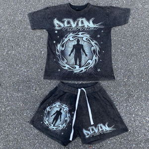 Custom Men <b>Knitted</b> T Shirt and Shorts <b>Set</b> Oversized Two Piece Streetwear Summer Outfit - Product Image 1