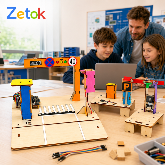 Zetok Programmable Smart Transportation Wooden Building Blocks 16-Lesson DIY STEM Coding Educational Kit for Age 8+ Kids