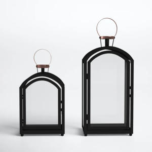 Moderno doble tono negro hierro/SS/latón hecho a mano troquelado portavelas linterna con tarro de madera para el hogar boda decoración de Navidad - Product Image 2