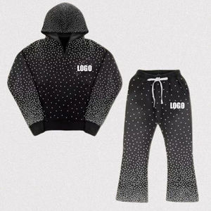 Ensemble survêtement à capuche personnalisé délavé à l'acide avec strass et pantalons de survêtement évasés pour hommes - Product Image 1
