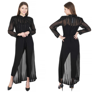 Caftan de luxe modeste ouvert sur le devant Abaya robe de mariée en crêpe brodée perlée à la main pour les femmes avec vente d'appliques de cristal chaud - Product Image 4
