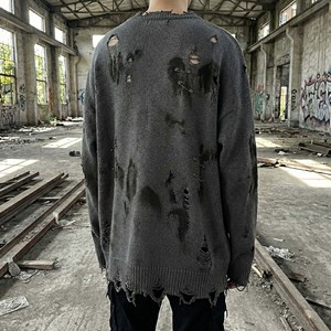 Winter Streetwear Sweatshirt Regular Fit Ripped Hole Knitwear Safety Pin Detail Vintage <b>Oil</b> Stain Dirty Effect Digital Pullover - Product Image 6