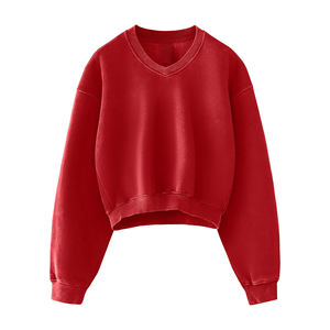 2025 Vintage mujer liso teñido Jersey polar invierno sudadera 100% algodón Casual Sudadera con capucha con cuello en V largo y mangas - Product Image 4