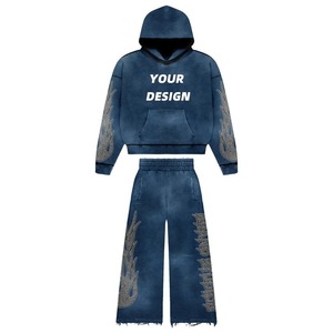 Ensemble sweat-shirt et pantalon de survêtement personnalisé, style streetwear, délavé à l'acide, fermeture éclair, Harajuku, délavé au soleil, broderie de strass, respirant, lourd - Product Image 1