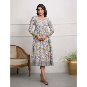 Vestido Largo Blanco de Algodón Angrakha, Estampado Boho Hippie, Cintura Imperio, Transpirable, Alta Calidad, Casual, para Fiesta, Talla XS, para Uso Diario en Club - Product Image 1