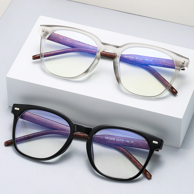 Wholesale Fashion Optical Frame Women Anti Blue Light Glasses Customized Logo Wood Temple TR90 Square Eyeglasses Frames Men