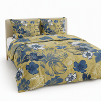 Vente en gros directe usine – Tissu brossé léger 80 GSM à motif floral bleu sur fond jaune pour vêtements et textiles de maison