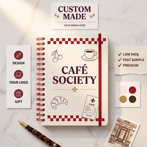 สมุดบันทึกแบบสันห่วง LABON Custom A5 Cafe Society Parisian ลายเส้นสีแดง ภาพประกอบศิลปะ ขอบลายตาราง พร้อมสายรัดยางยืด ของขวัญ - Product Image 2