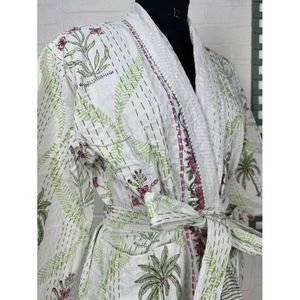 Kimono Largo Reversible de Algodón Suave Kantha Pur, Estampado Animal de Mono Verde Pastel, Chaleco Tejido para Mujer - Product Image 5