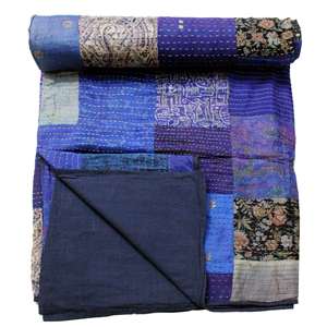 Colcha Vintage India 100% Seda Sari Kantha Patchwork Gudri Ralli, Cubrecama de Algodón con Estampado de Bloques para Uso Doméstico en Invierno - Product Image 1