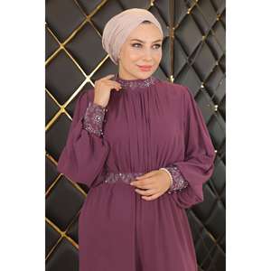 MSW19153-4 Combinaison-robe en mousseline violette avec détails en pierres, taille ornée de sequins, robe de bal longue pour soirées de bal - Product Image 2