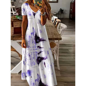 Robe longue Supreme à manches courtes et col en V pour femme, motif imprimé, 37508 - Violet - Product Image 2