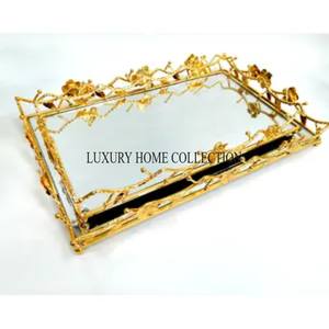 Unique designer metal <b>glass</b> mirror <b>tray</b> with intricate patterns perfect for gifting and elegant space enhancement - Product Image 5