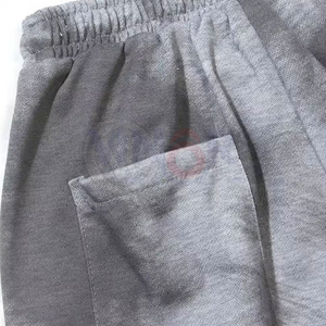 Short d'été décontracté écologique pour homme 100% coton éponge française Vintage lavé à l'acide solide taille élastique cordon ourlet brut - Product Image 3